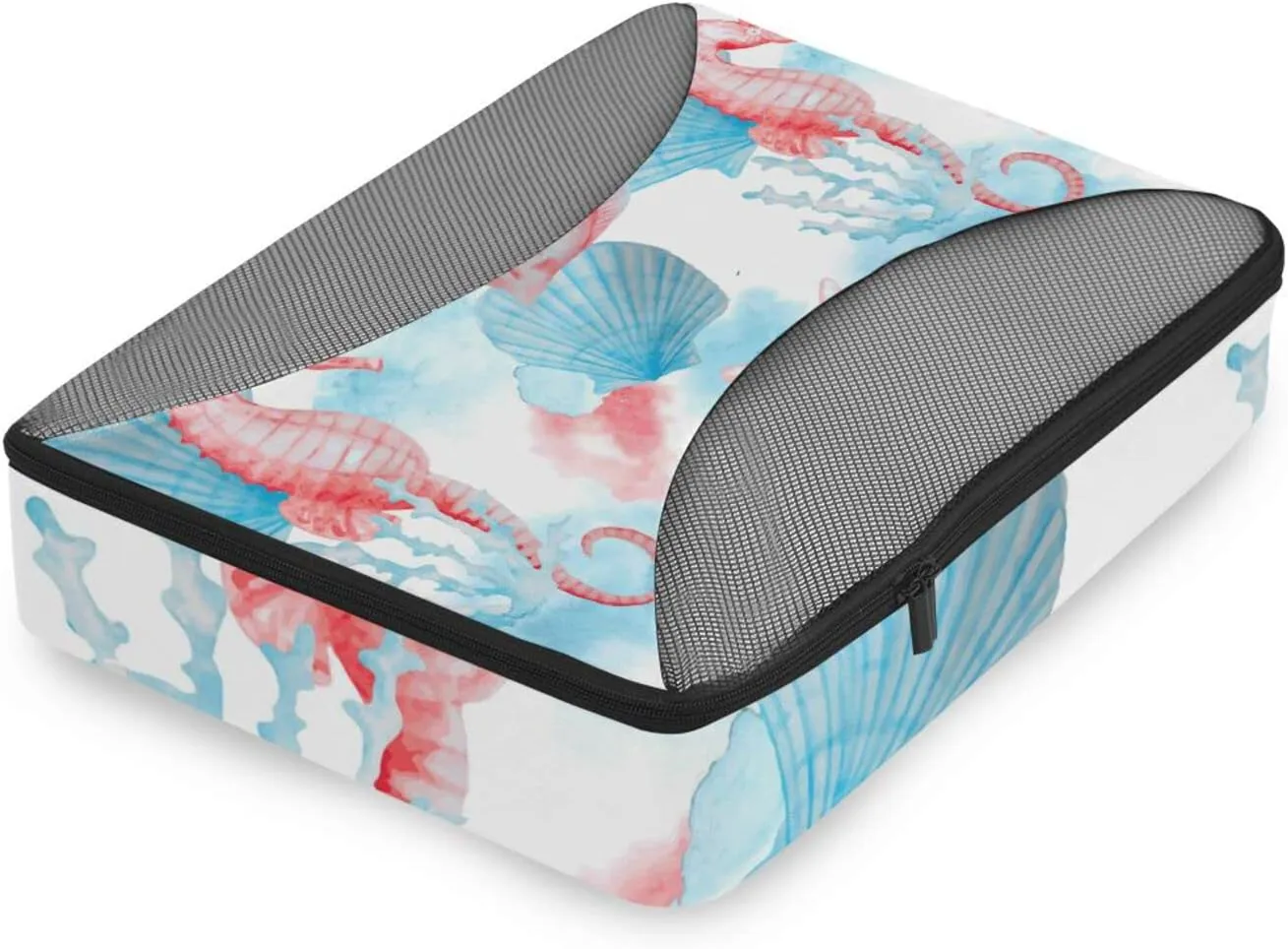 Red Turquoise Sea Shells Seahorse Corals Fish On White 4 PCs Set Packing Bags, Luggage Organizer Bag, Portable Cube Toiletry bag, Durable Travel Cosmetic Storage Bag for Men Women