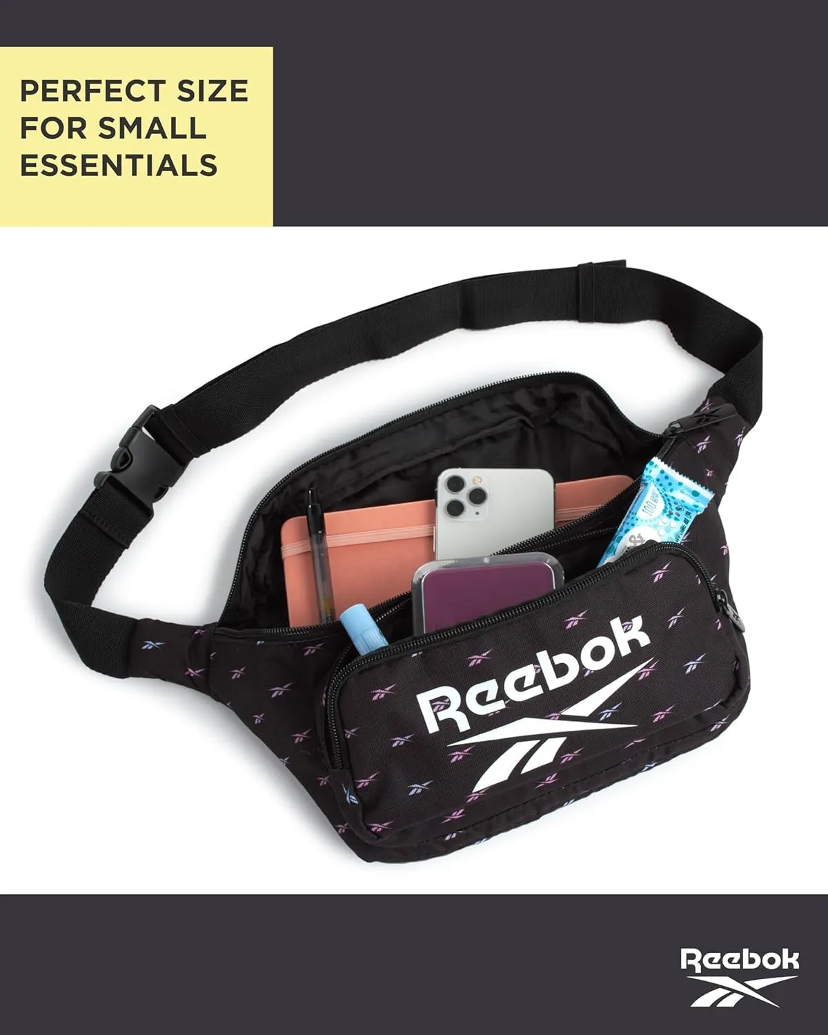 Reebok Fanny Pack - Lightweight Stylish Crossbody Waist Belt Bags for Women and Men with Adjustable Strap, Size One Size, Davis Black