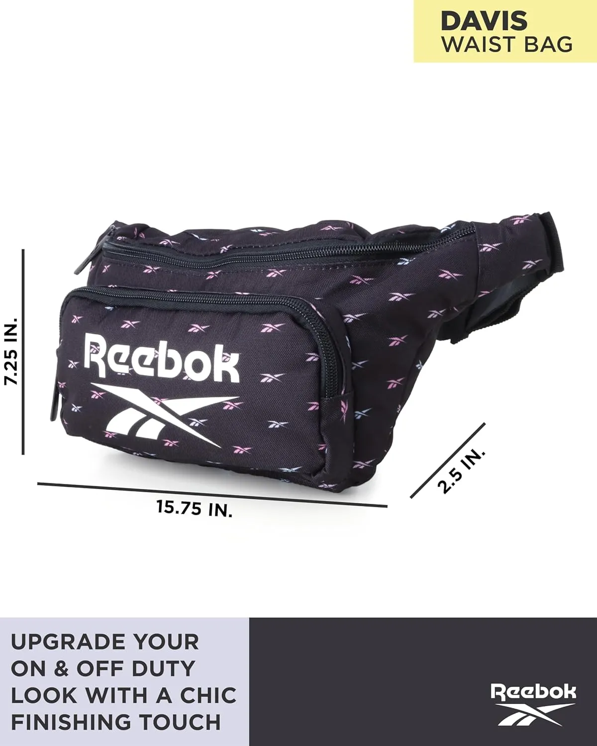 Reebok Fanny Pack - Lightweight Stylish Crossbody Waist Belt Bags for Women and Men with Adjustable Strap, Size One Size, Davis Black