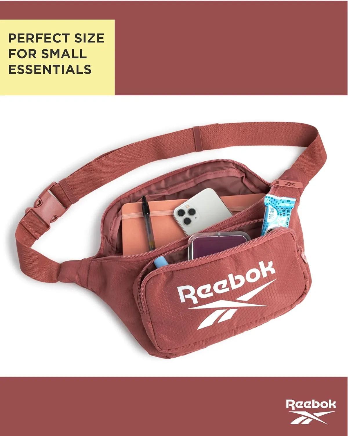 Reebok Fanny Pack - Lightweight Stylish Crossbody Waist Belt Bags for Women and Men with Adjustable Strap, Size One Size, Davis Rose