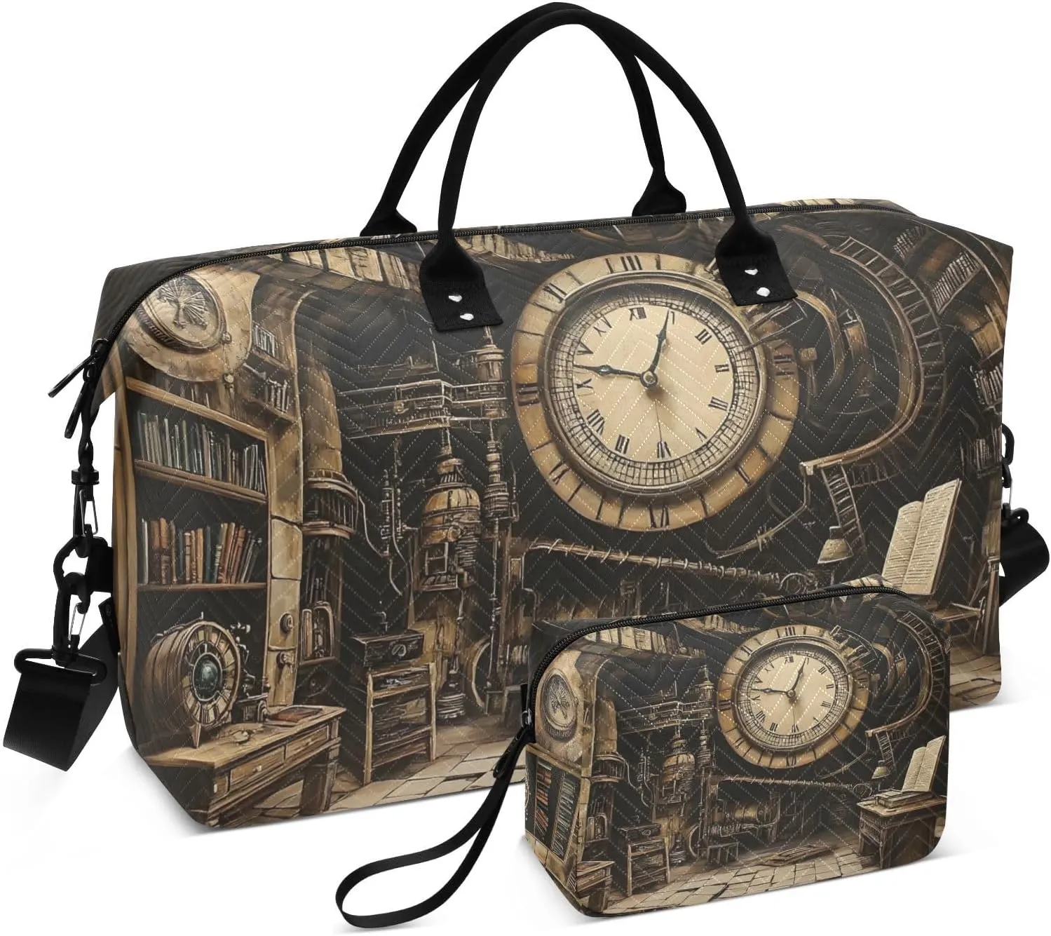 Retro Library Clock Travel Duffel Bag, Gym Bags with Multiple Interior Pockets for Men Women Toiletry Purse Included 20.5”x 1.9” x 13.8”
