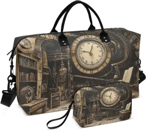 Retro Library Clock Travel Duffel Bag, Gym Bags with Multiple Interior Pockets for Men Women Toiletry Purse Included 20.5”x 1.9” x 13.8”