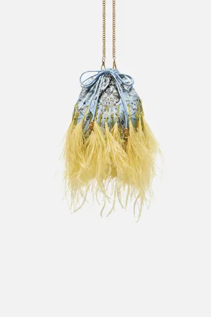ROUND DRAWSTRING POUCH WITH FEATHERS MOON AND BACK