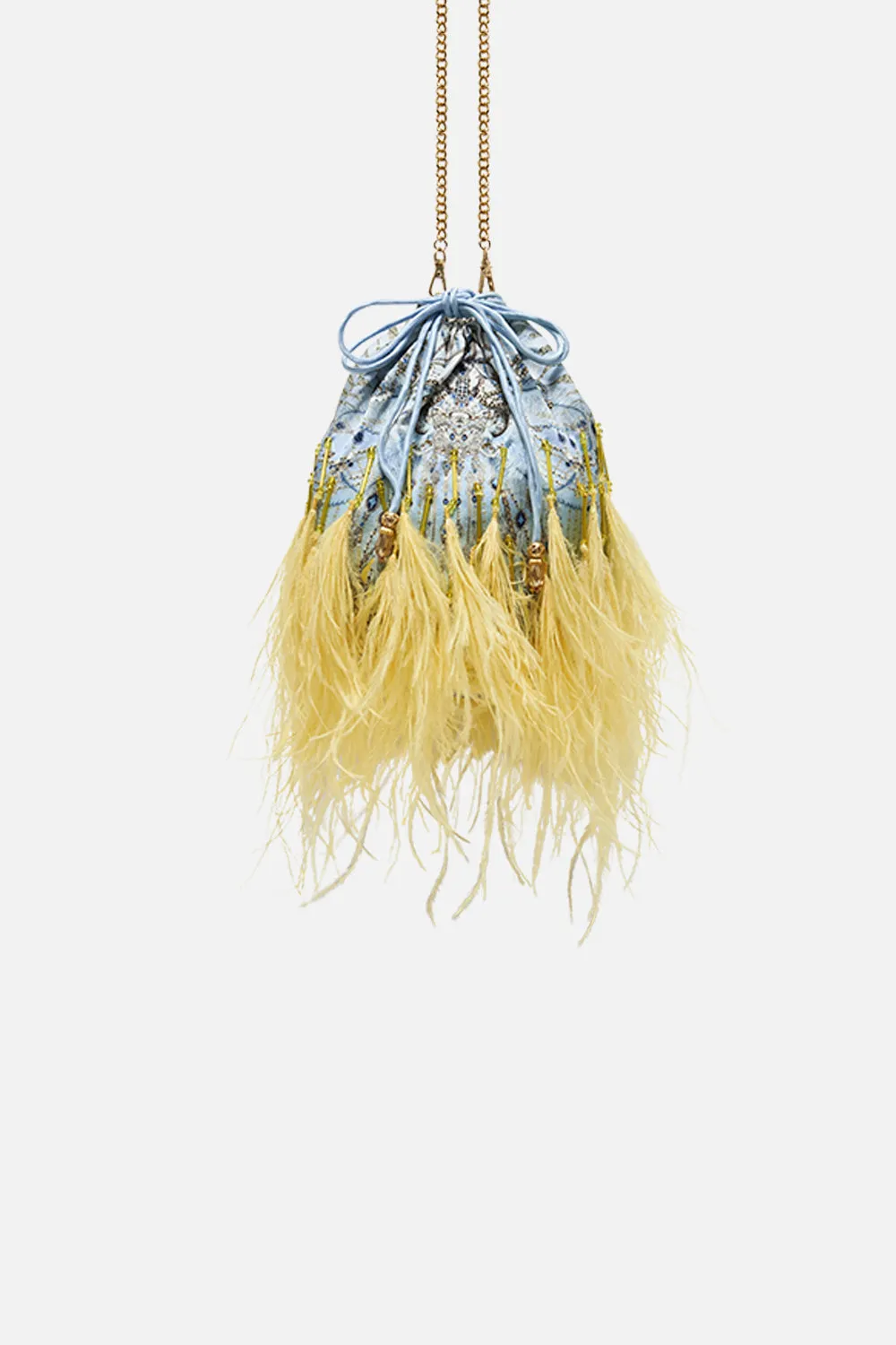 ROUND DRAWSTRING POUCH WITH FEATHERS MOON AND BACK