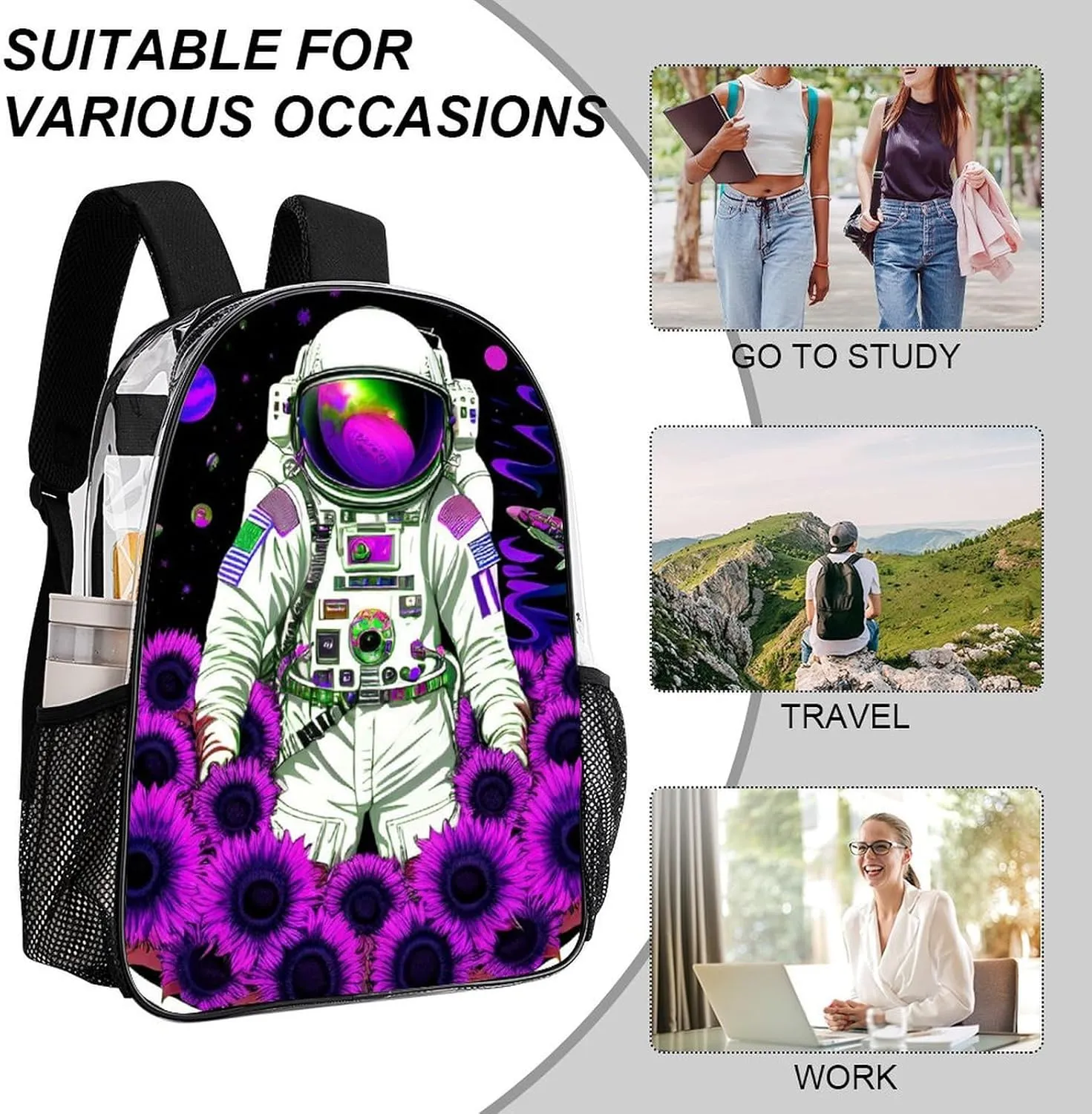 Rucksack Anti-Theft Multipurpose Big Capacity Carry On Bag - Psychedelic Space Astronaut Sunflower Snake Art Traveling & Camping Backpack Transparent Bag