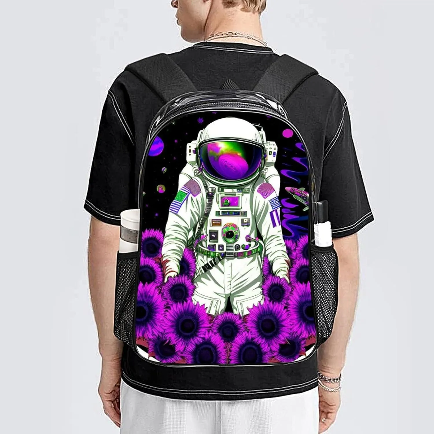 Rucksack Anti-Theft Multipurpose Big Capacity Carry On Bag - Psychedelic Space Astronaut Sunflower Snake Art Traveling & Camping Backpack Transparent Bag