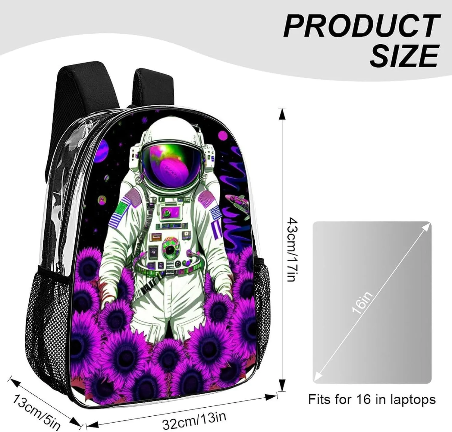 Rucksack Anti-Theft Multipurpose Big Capacity Carry On Bag - Psychedelic Space Astronaut Sunflower Snake Art Traveling & Camping Backpack Transparent Bag