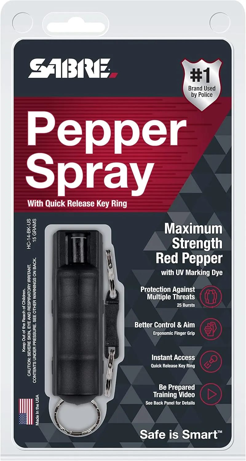 SABRE Pepper Spray, Maximum Police Strength OC Spray, Quick Release Keychain for Easy Carry and Fast Access, Finger Grip for More Accurate and Faster Aim, 0.54 fl oz, Secure and Easy to Use Safety