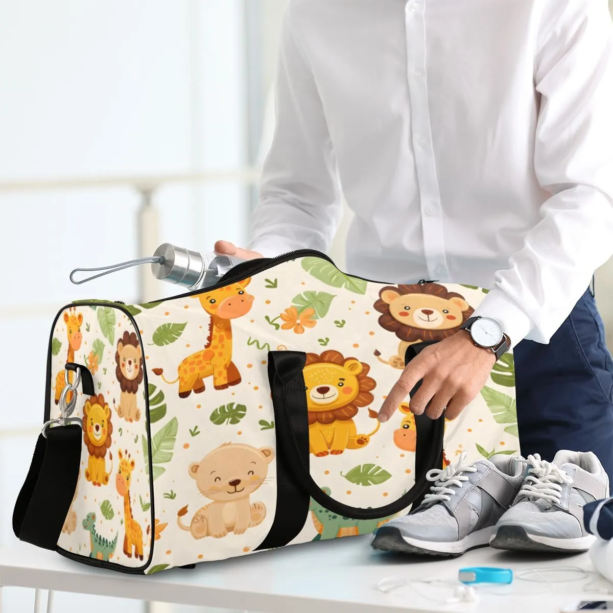 Safari Animals Travel Duffle Bag, Sports Gym Bags for Women Men, Carry On Weekender Overnight Bag, Giraffe Lion Crocodile Workout Hospital Airplane Trips Bag