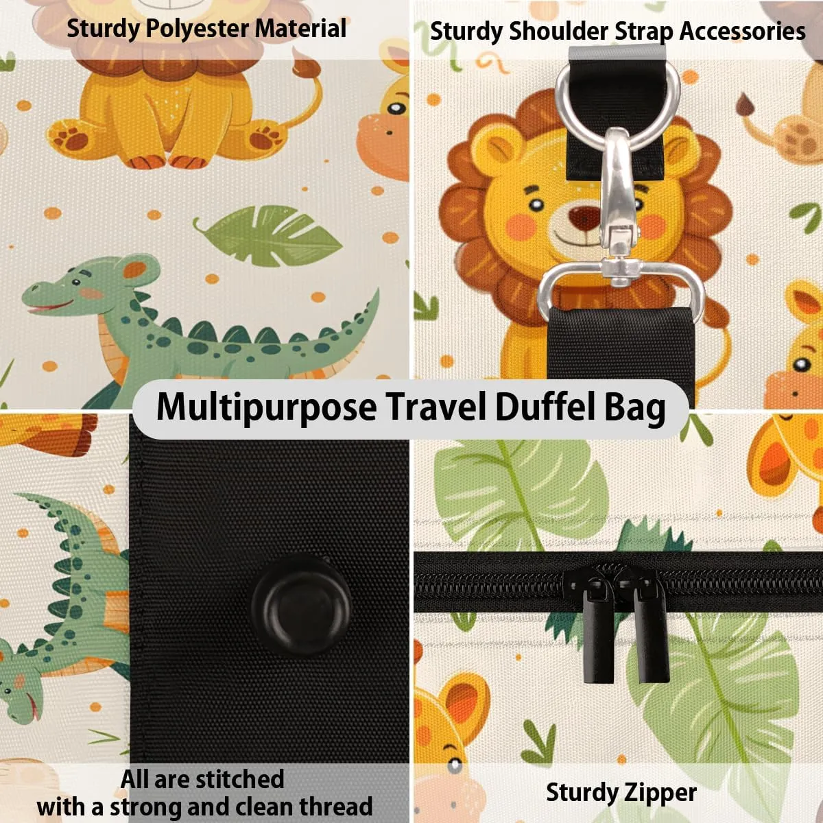 Safari Animals Travel Duffle Bag, Sports Gym Bags for Women Men, Carry On Weekender Overnight Bag, Giraffe Lion Crocodile Workout Hospital Airplane Trips Bag
