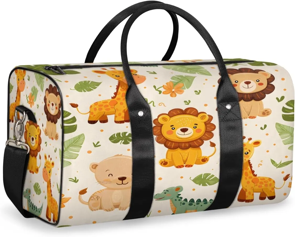 Safari Animals Travel Duffle Bag, Sports Gym Bags for Women Men, Carry On Weekender Overnight Bag, Giraffe Lion Crocodile Workout Hospital Airplane Trips Bag
