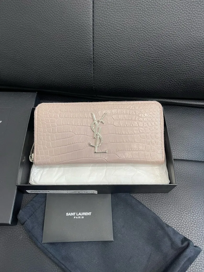 Saint Laurent Crocodile-Embossed Pink Wallet