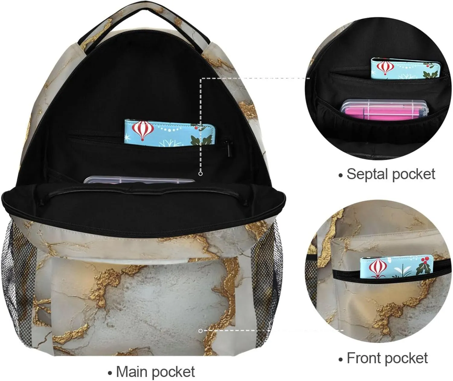 School Backpack for Men and Women Fashion School Book Bag with Chest Strap for Travel Trip Marble White Neutral