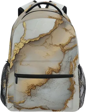 School Backpack for Men and Women Fashion School Book Bag with Chest Strap for Travel Trip Marble White Neutral
