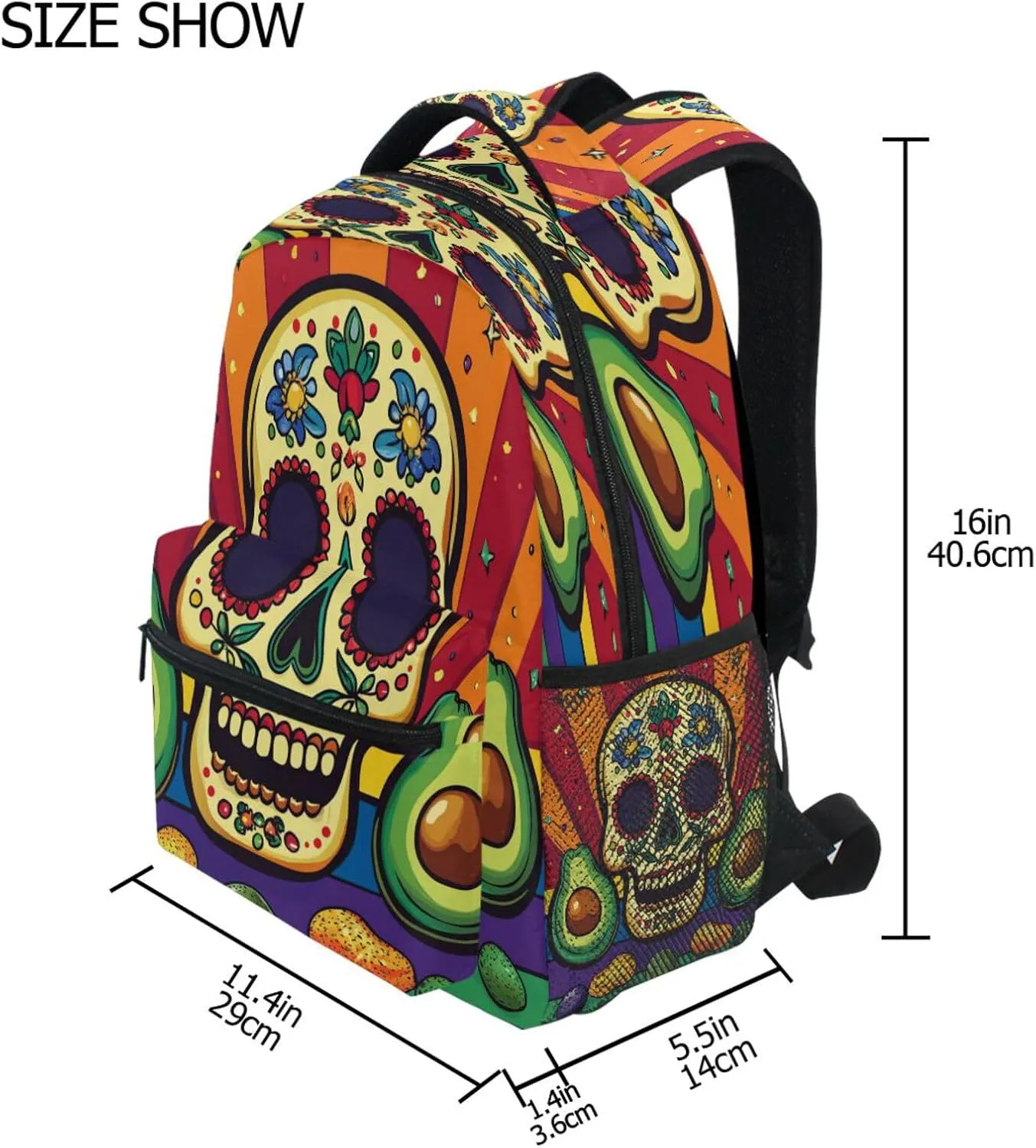 School Backpack for Teacher Nurse Fashion Laptop Bookbag with Chest Strap Gift Men & Women Mexican Style Cinco De Mayo Askull Avocados