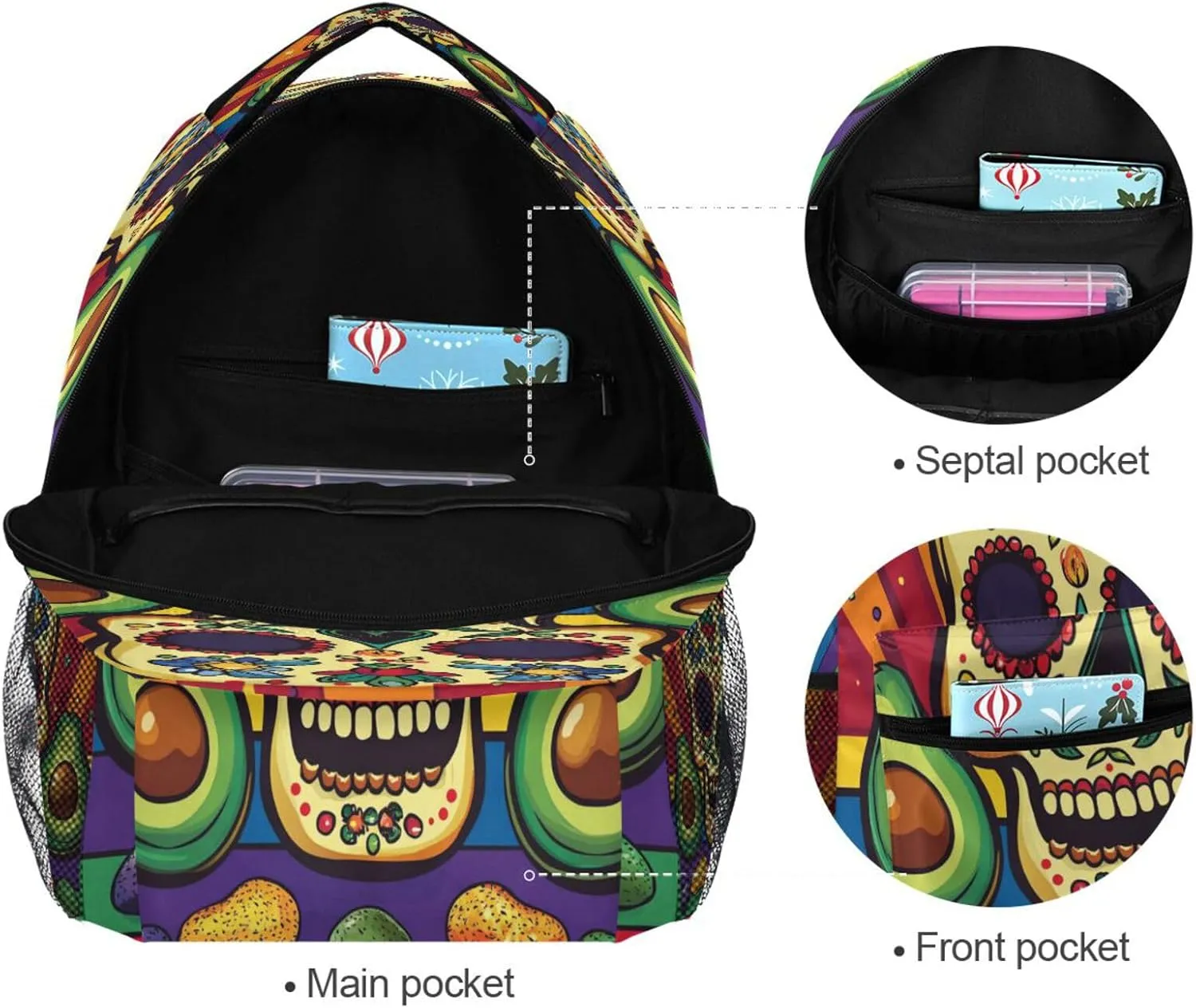 School Backpack for Teacher Nurse Fashion Laptop Bookbag with Chest Strap Gift Men & Women Mexican Style Cinco De Mayo Askull Avocados