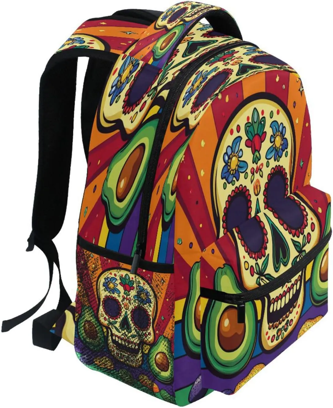 School Backpack for Teacher Nurse Fashion Laptop Bookbag with Chest Strap Gift Men & Women Mexican Style Cinco De Mayo Askull Avocados