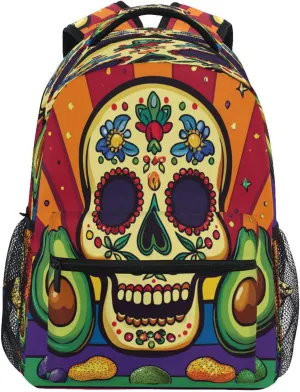 School Backpack for Teacher Nurse Fashion Laptop Bookbag with Chest Strap Gift Men & Women Mexican Style Cinco De Mayo Askull Avocados