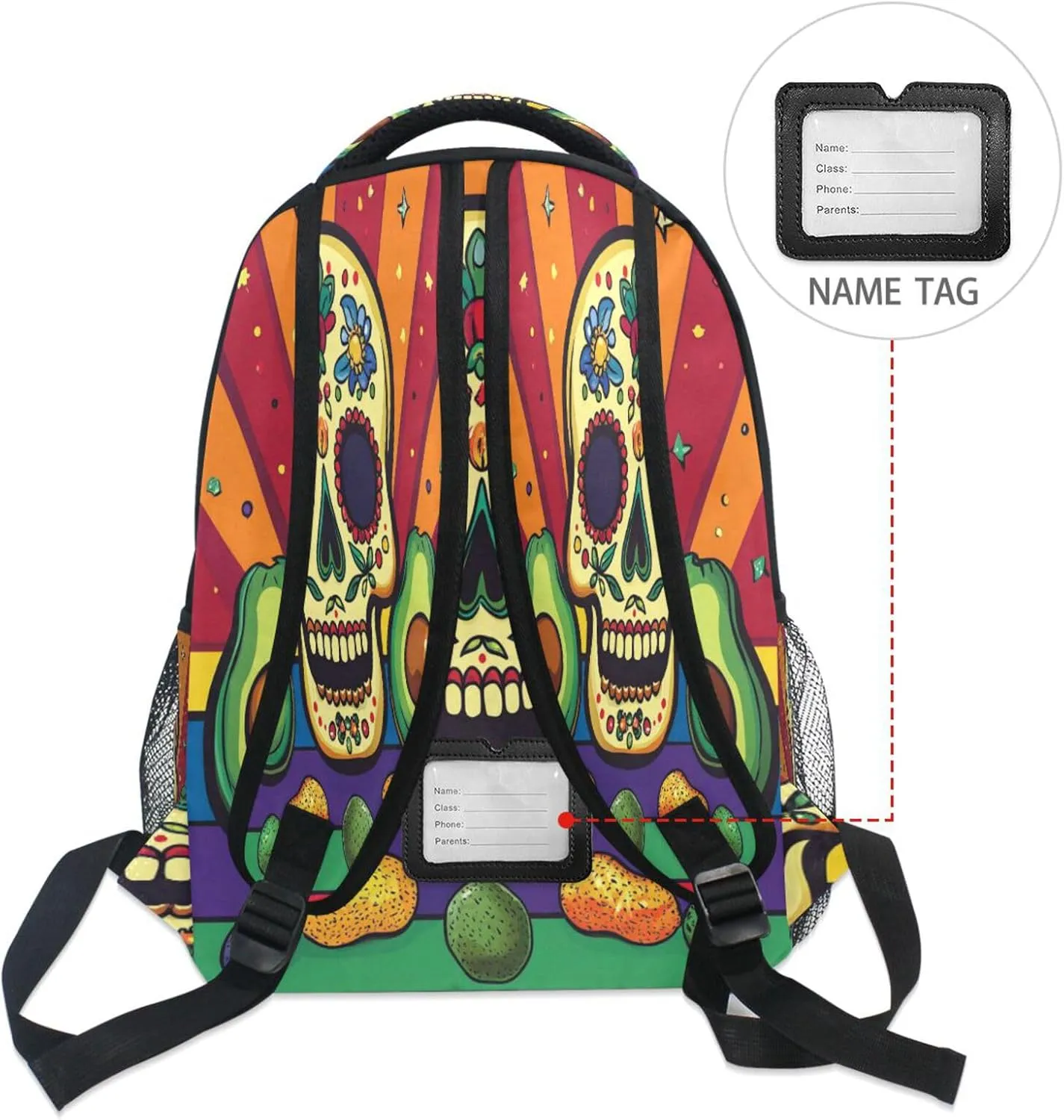 School Backpack for Teacher Nurse Fashion Laptop Bookbag with Chest Strap Gift Men & Women Mexican Style Cinco De Mayo Askull Avocados