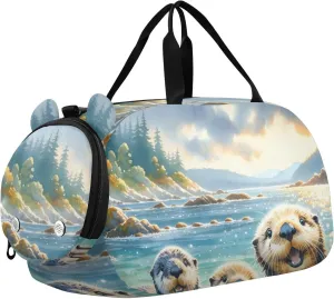 Sea Otters Watercolor Duffle Bag for Girl, Sports Duffle Gym Bags with Shoe Compartment, Personalized Overnight Bag Travel Weekender for Kids