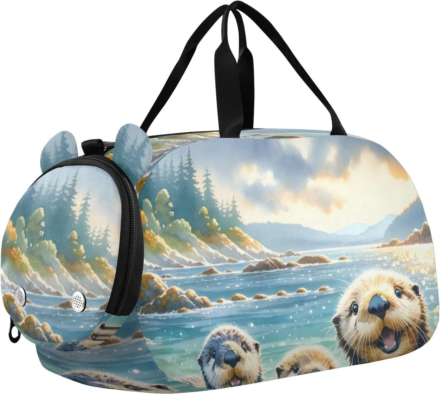 Sea Otters Watercolor Duffle Bag for Girl, Sports Duffle Gym Bags with Shoe Compartment, Personalized Overnight Bag Travel Weekender for Kids