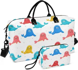 Seal Polka Dot White Sports Gym Bag for Women Men Travel Duffel Bag Weekend Overnight Carry on Bag with Toiletry Bag Workout Dance Bag for Hospital Plane Swimming Yoga Workout