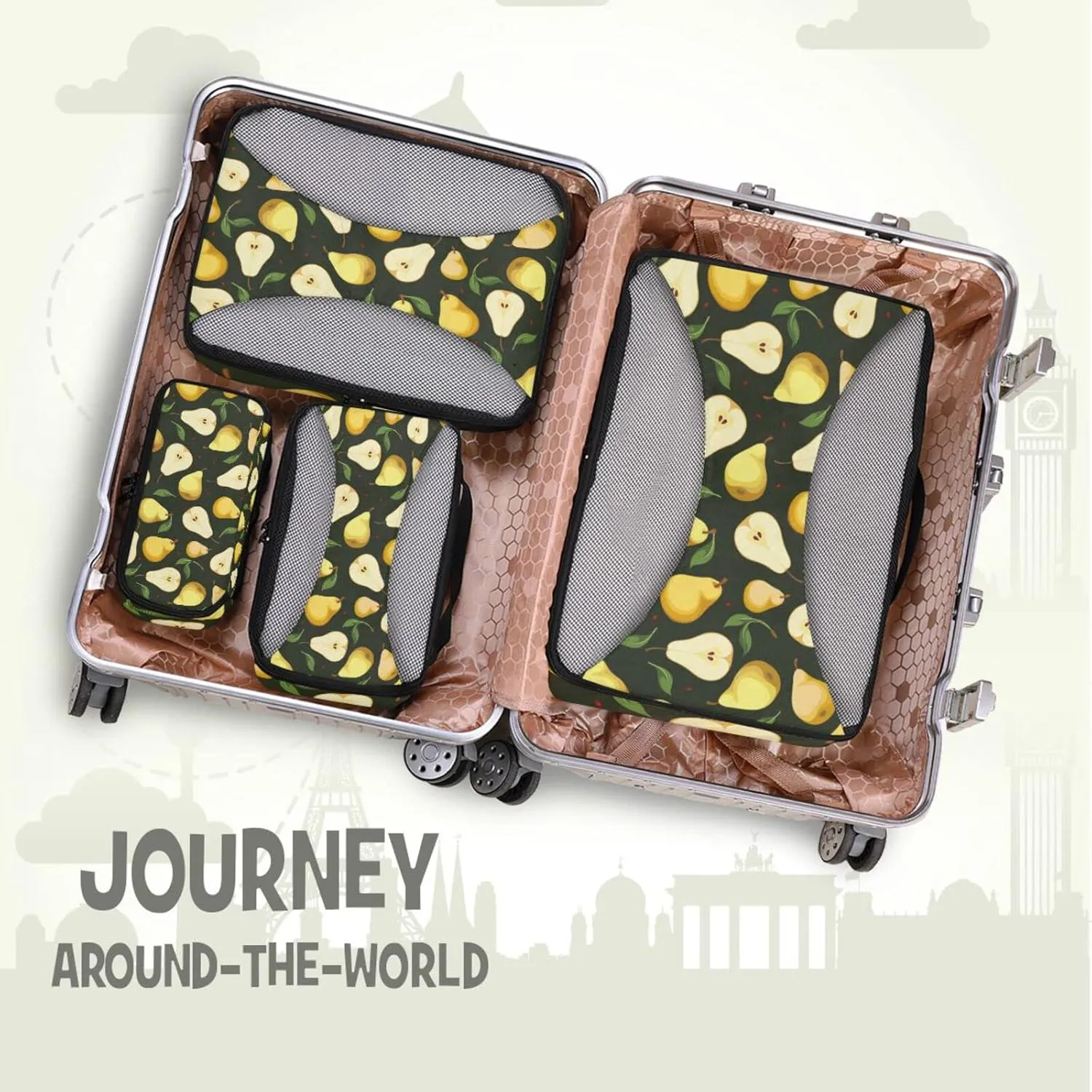 Seamless Background with Yellow Pears with Green Leaves on Black 4 PCs Set Packing Bags, Luggage Organizer Bag, Portable Cube Toiletry bag, Durable Travel Cosmetic Storage Bag for Men Women
