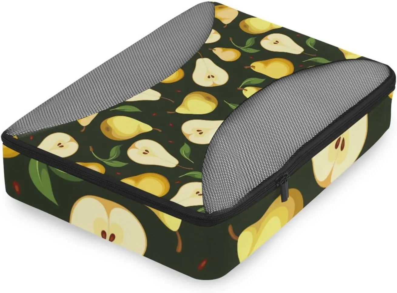 Seamless Background with Yellow Pears with Green Leaves on Black 4 PCs Set Packing Bags, Luggage Organizer Bag, Portable Cube Toiletry bag, Durable Travel Cosmetic Storage Bag for Men Women