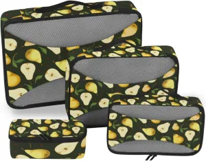 Seamless Background with Yellow Pears with Green Leaves on Black 4 PCs Set Packing Bags, Luggage Organizer Bag, Portable Cube Toiletry bag, Durable Travel Cosmetic Storage Bag for Men Women