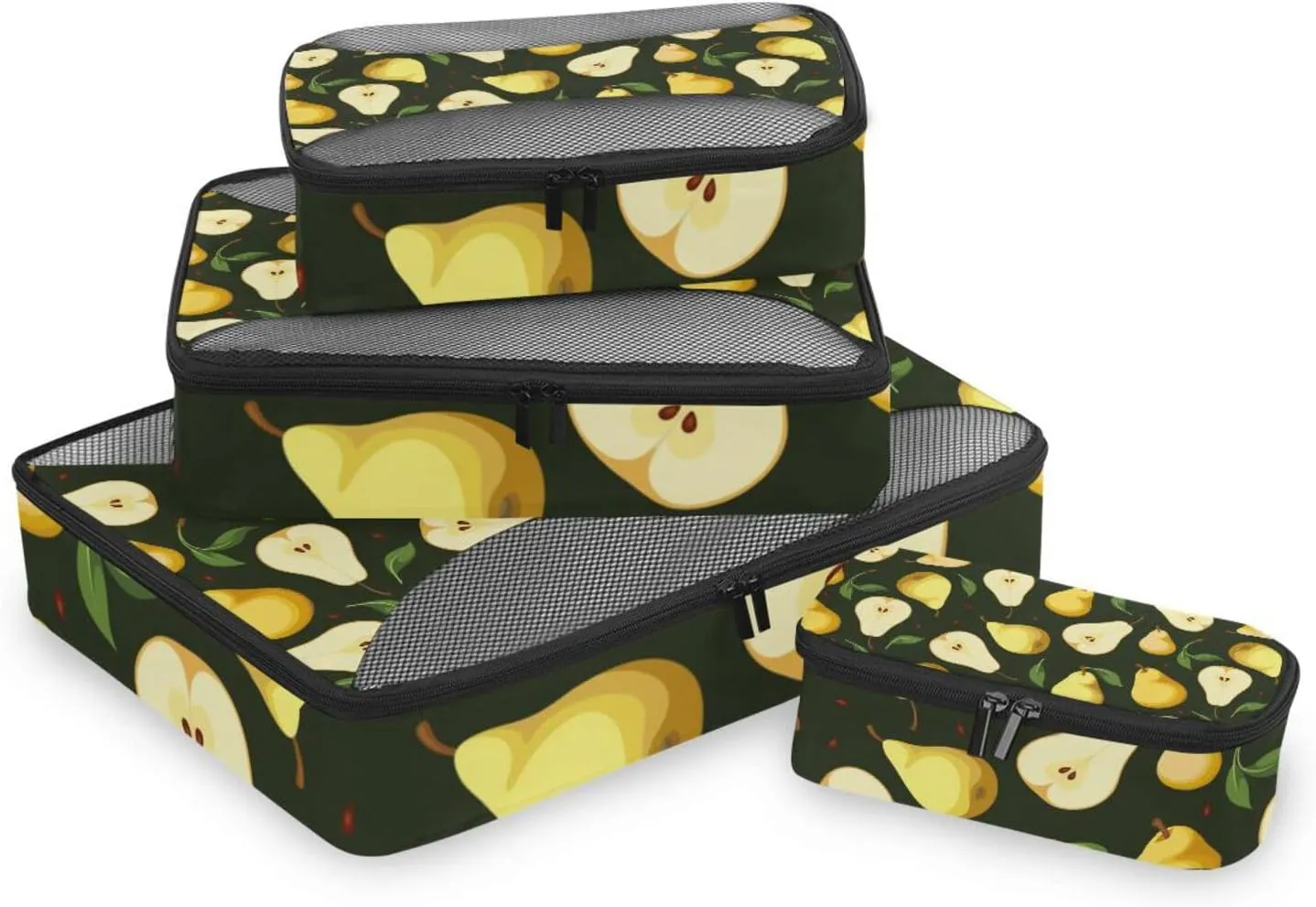 Seamless Background with Yellow Pears with Green Leaves on Black 4 PCs Set Packing Bags, Luggage Organizer Bag, Portable Cube Toiletry bag, Durable Travel Cosmetic Storage Bag for Men Women
