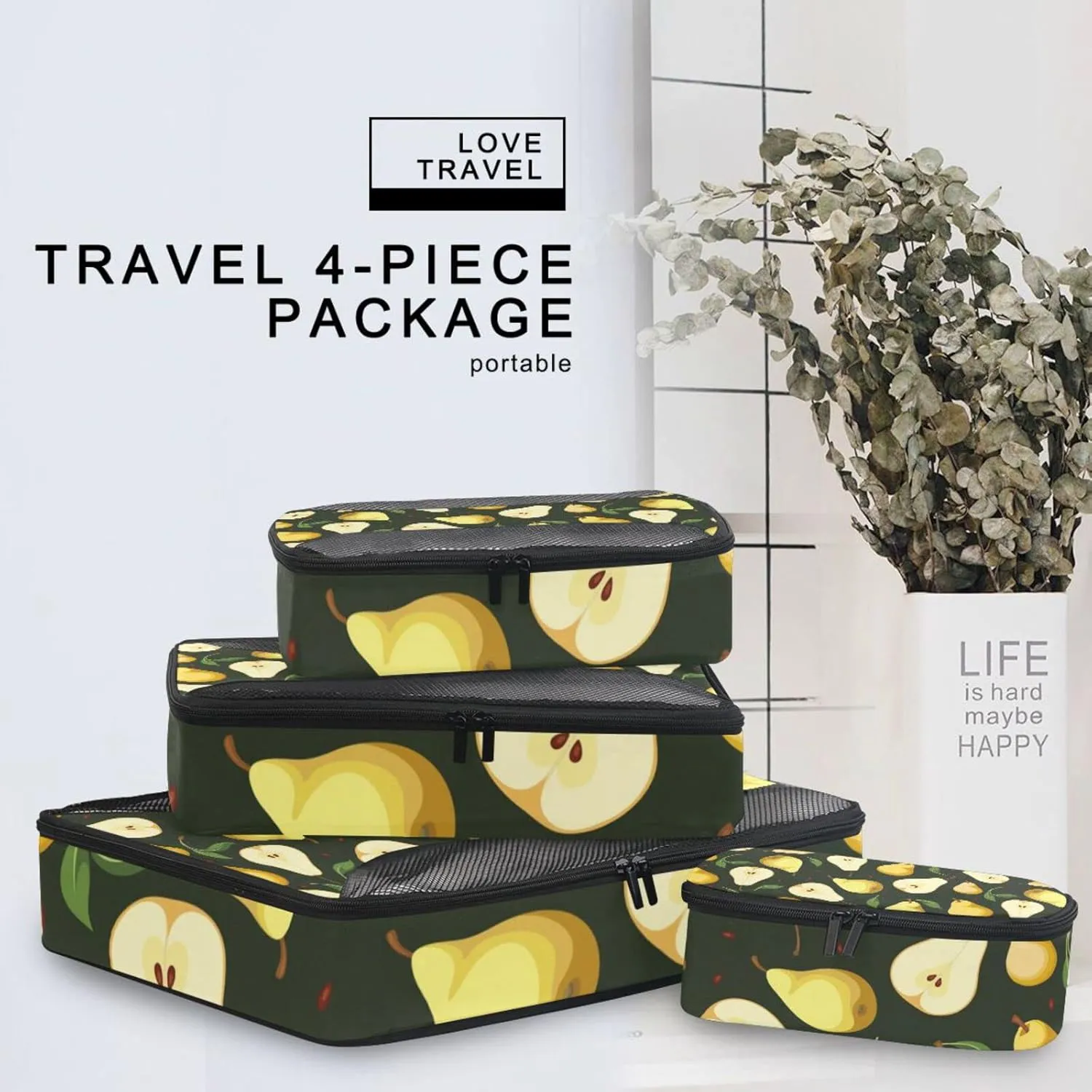 Seamless Background with Yellow Pears with Green Leaves on Black 4 PCs Set Packing Bags, Luggage Organizer Bag, Portable Cube Toiletry bag, Durable Travel Cosmetic Storage Bag for Men Women