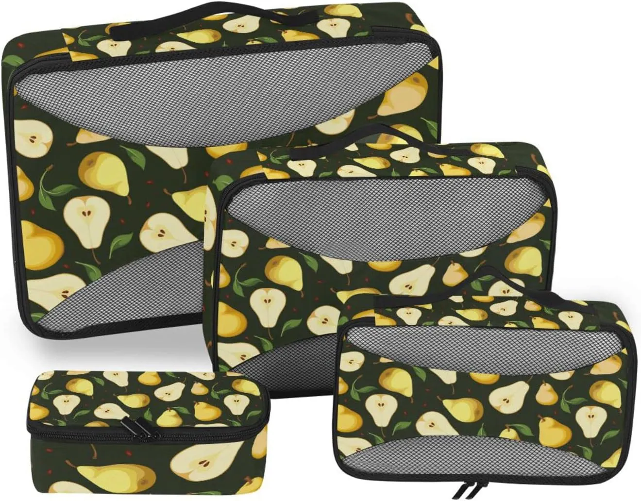 Seamless Background with Yellow Pears with Green Leaves on Black 4 PCs Set Packing Bags, Luggage Organizer Bag, Portable Cube Toiletry bag, Durable Travel Cosmetic Storage Bag for Men Women