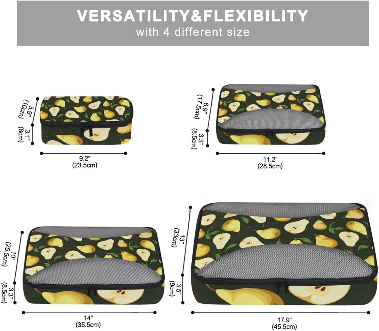 Seamless Background with Yellow Pears with Green Leaves on Black 4 PCs Set Packing Bags, Luggage Organizer Bag, Portable Cube Toiletry bag, Durable Travel Cosmetic Storage Bag for Men Women