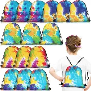 Shappy 15 Pcs Tie Dye Party Favor Bag Drawstring Backpack Birthday Party Supplies Tie Dye Goodie Candy Gift Bags