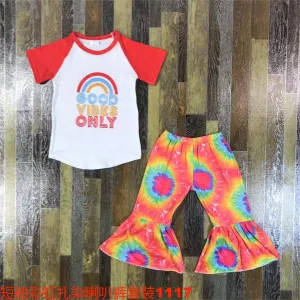 Short-sleeved rainbow tie-dye flare pantsuit 1117