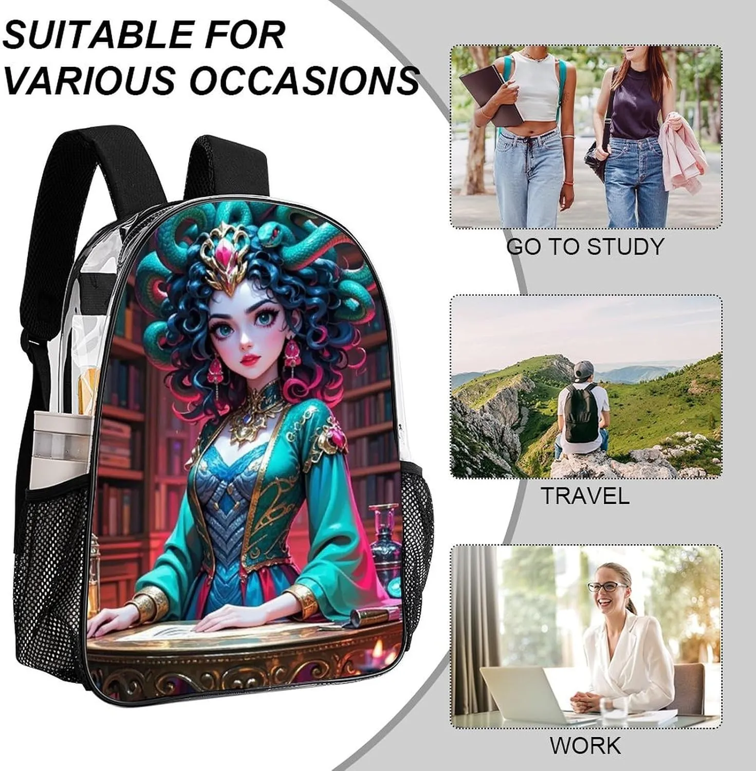 Shoulder Book Bags Anti-Theft Multipurpose Big Capacity Bookbag - Greek Goddess Women Medusa Women Snake Psychedelic Art Travel Hiking Backpack Transparent Bag
