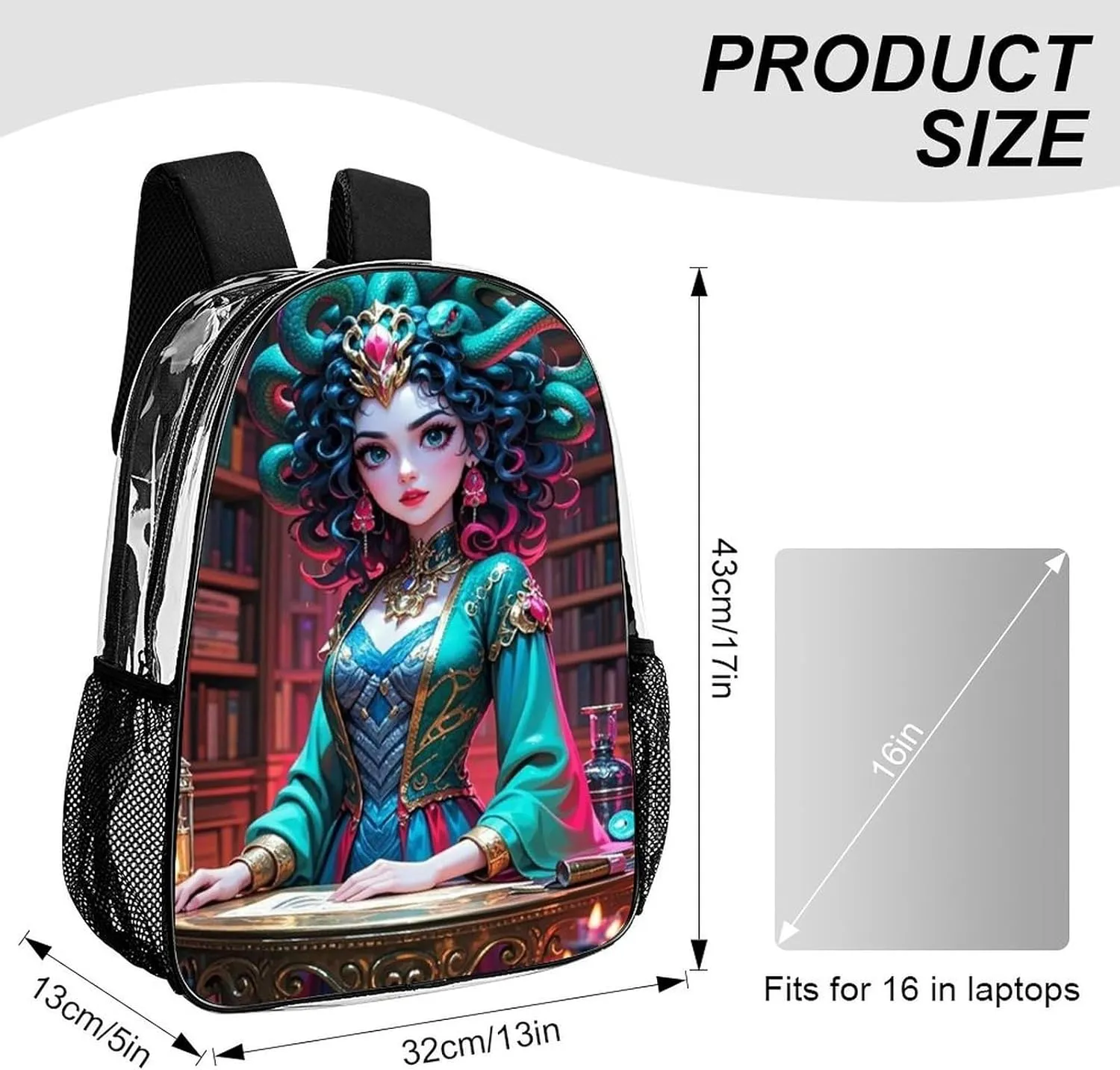 Shoulder Book Bags Anti-Theft Multipurpose Big Capacity Bookbag - Greek Goddess Women Medusa Women Snake Psychedelic Art Travel Hiking Backpack Transparent Bag