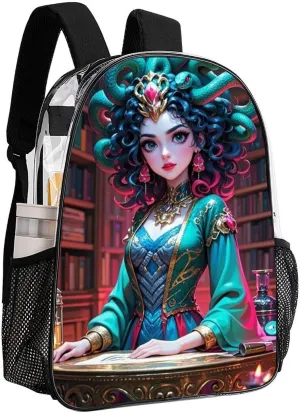 Shoulder Book Bags Anti-Theft Multipurpose Big Capacity Bookbag - Greek Goddess Women Medusa Women Snake Psychedelic Art Travel Hiking Backpack Transparent Bag