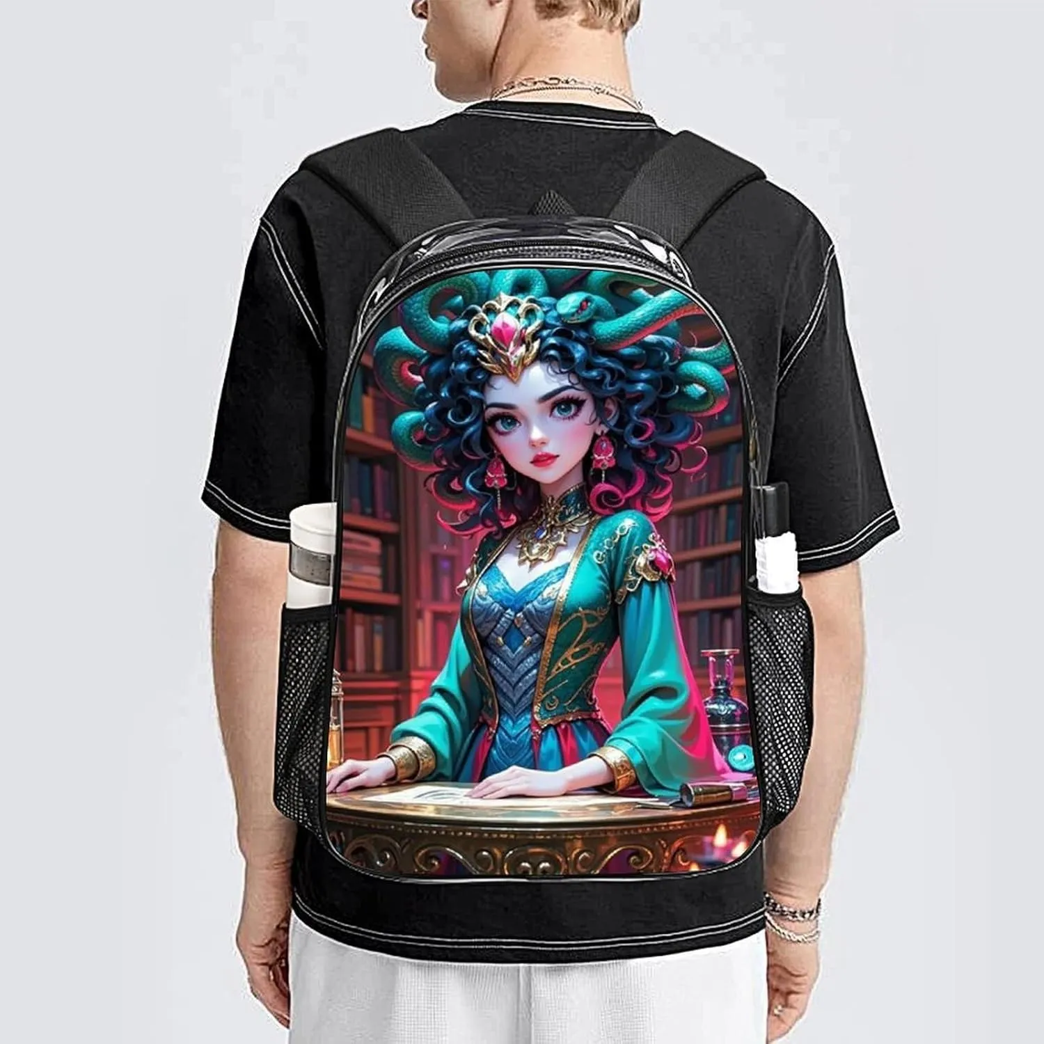 Shoulder Book Bags Anti-Theft Multipurpose Big Capacity Bookbag - Greek Goddess Women Medusa Women Snake Psychedelic Art Travel Hiking Backpack Transparent Bag
