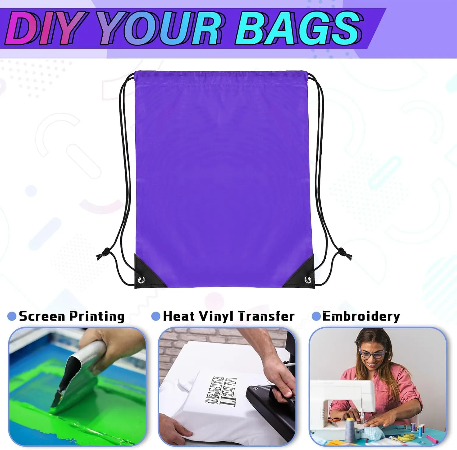 Silkfly 100 Pieces Drawstring Backpack Bags Bulk Portable Blank Cinch Storage Bags for Sports, School, DIY Gifts, Homeless, Social Assistance(Purple)