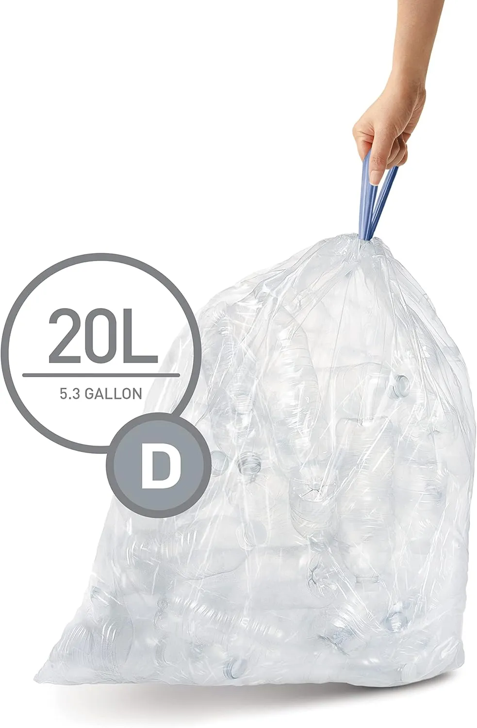 simplehuman Code D Custom Fit Drawstring Trash Bags in Dispenser Packs, 60 Count, 20 Liter / 5.3 Gallon, Clear