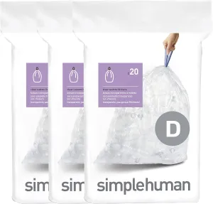 simplehuman Code D Custom Fit Drawstring Trash Bags in Dispenser Packs, 60 Count, 20 Liter / 5.3 Gallon, Clear