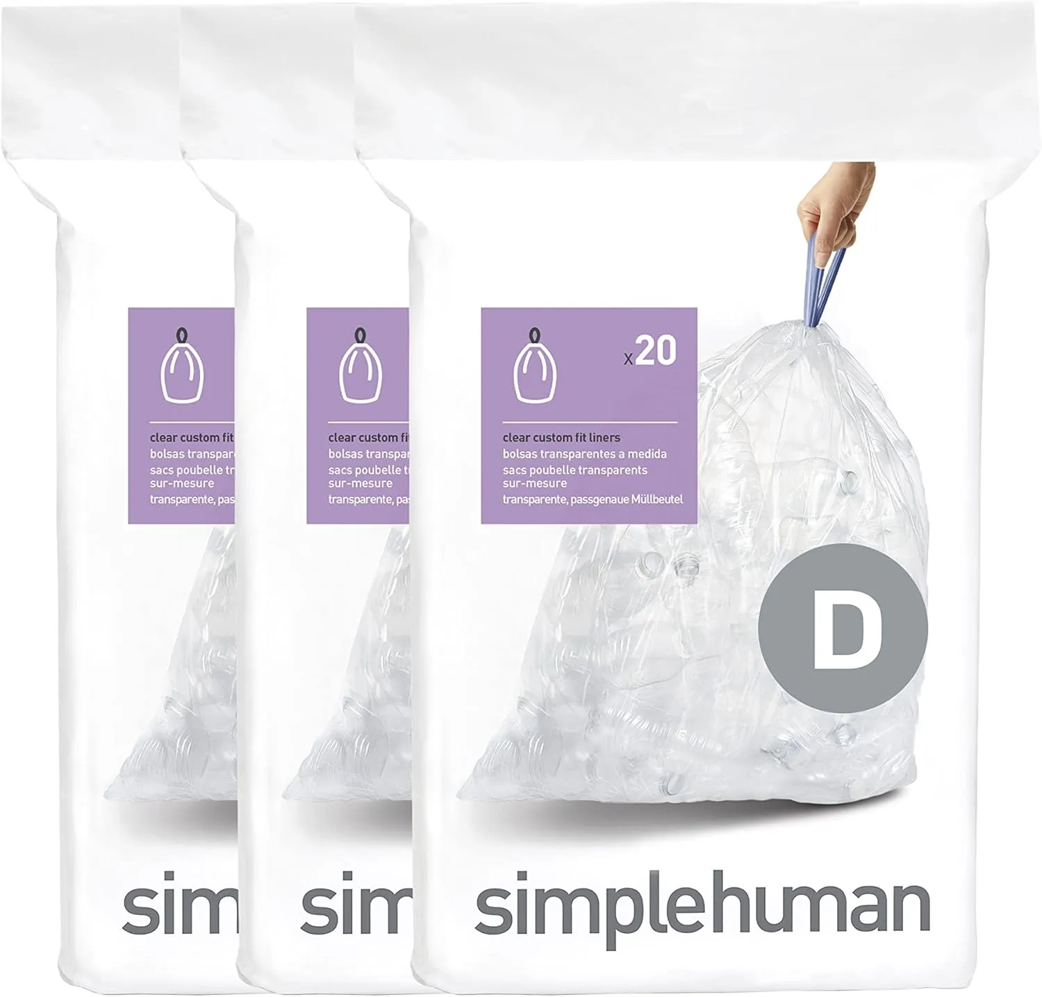 simplehuman Code D Custom Fit Drawstring Trash Bags in Dispenser Packs, 60 Count, 20 Liter / 5.3 Gallon, Clear