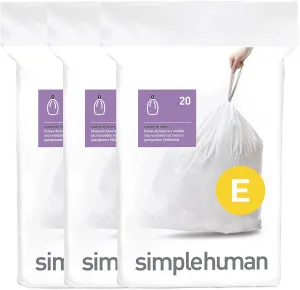 simplehuman Code E 60 Count, Genuine Custom Fit Liners, Drawstring Trash Bags in Dispenser Packs, 20 Liter / 5.3 Gallon, White