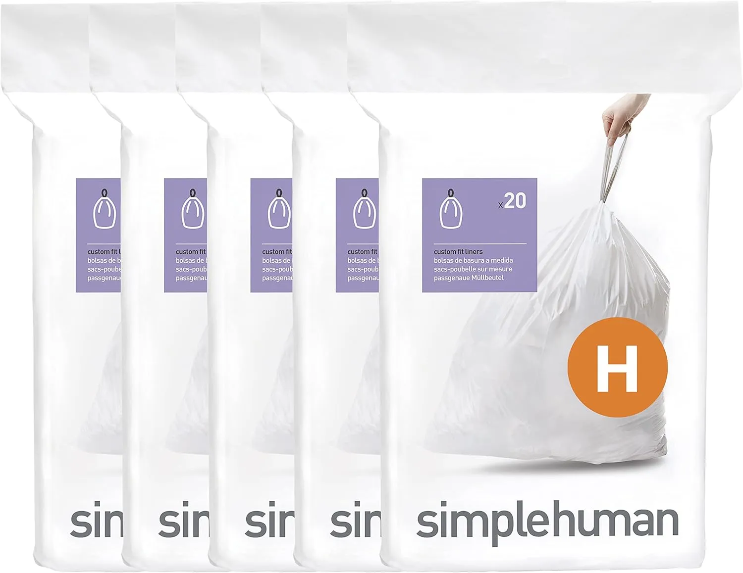 simplehuman Code H 100 Count,Genuine Custom Fit Liners, Drawstring Trash Bags in Dispenser Packs, 30-35 Liter / 8-9 Gallon, White