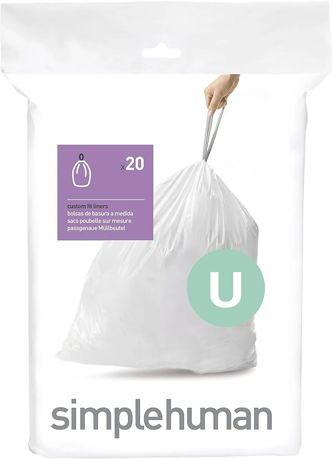simplehuman Code U Custom Fit Drawstring Trash Bags in Dispenser Packs, 20 Count, 55 Liter / 14.5 Gallon, White