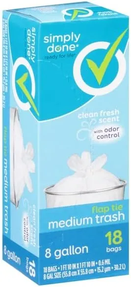 Simply Done, Trash Bag, Flap Tie, Medium, Clean Fresh Scent, 8 Gallon