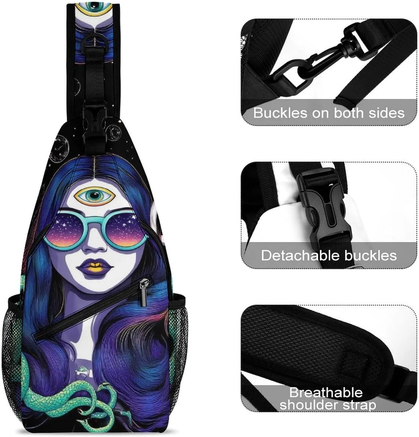 Sling Shoulder Backpack for Men Women Multipurpose Anti-Theft Gym Bags Sack Daypack Outdoor Backpack Carry On Bag, Greek Goddess Snake Queen Medusa Mushroom Art Shoulder Crossbody Bag Chest Pack