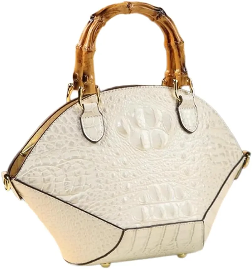 Small Clamshell Purses Bag For Women Bamboo Top-Handle Satchel Handbags Shoulder Crossbody Crocodile Pattern Leather Bags