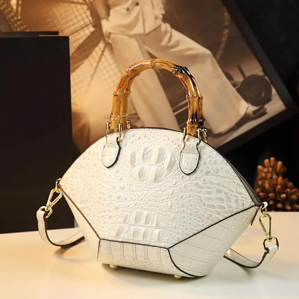 Small Clamshell Purses Bag For Women Bamboo Top-Handle Satchel Handbags Shoulder Crossbody Crocodile Pattern Leather Bags